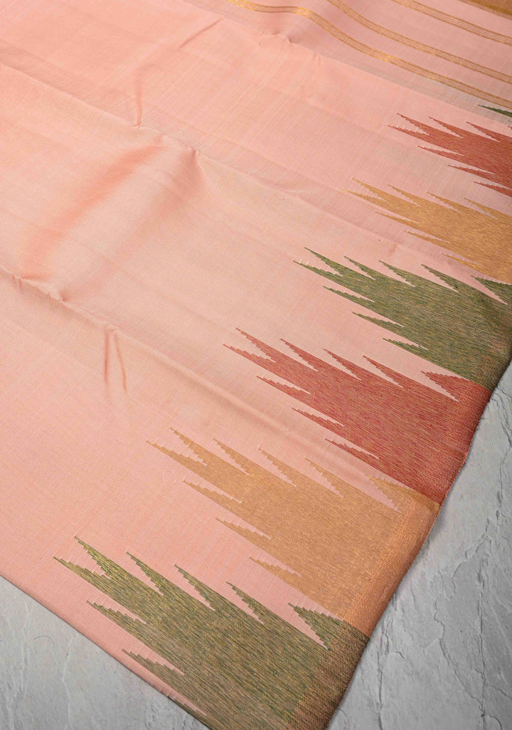 Authentic Kanjivaram Silk Saree in Light Salmon with Multi Color Temple Border with Grand Pallu and Zari  | SILK MARK CERTIFIED