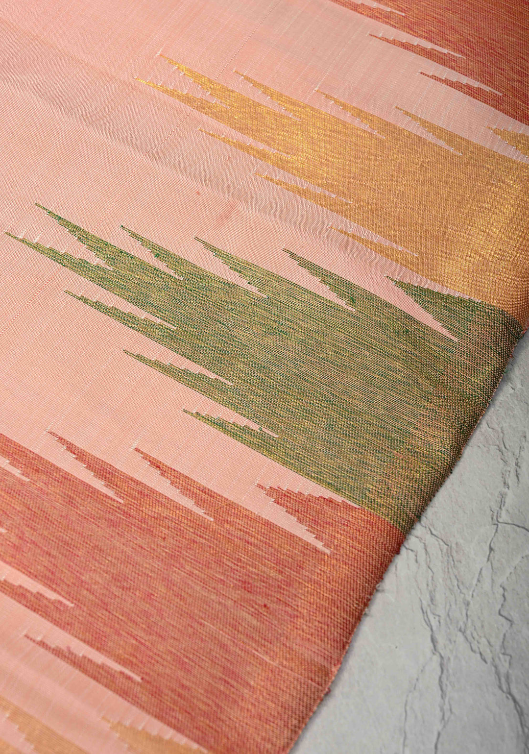 Authentic Kanjivaram Silk Saree in Light Salmon with Multi Color Temple Border with Grand Pallu and Zari  | SILK MARK CERTIFIED