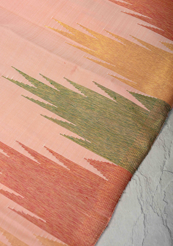 Authentic Kanjivaram Silk Saree in Light Salmon with Multi Color Temple Border with Grand Pallu and Zari  | SILK MARK CERTIFIED