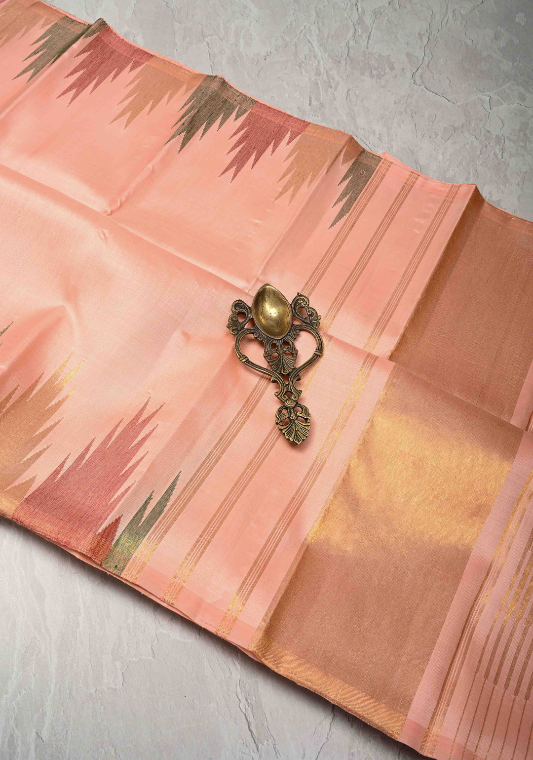 Authentic Kanjivaram Silk Saree in Light Salmon with Multi Color Temple Border with Grand Pallu and Zari  | SILK MARK CERTIFIED