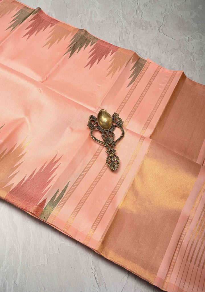 Authentic Kanjivaram Silk Saree in Light Salmon with Multi Color Temple Border with Grand Pallu and Zari  | SILK MARK CERTIFIED