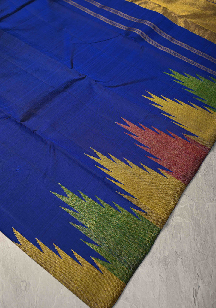 Authentic Kanjivaram Silk Saree in Sapphire Blue with Multi Color Temple Border with Grand Pallu | SILK MARK CERTIFIED