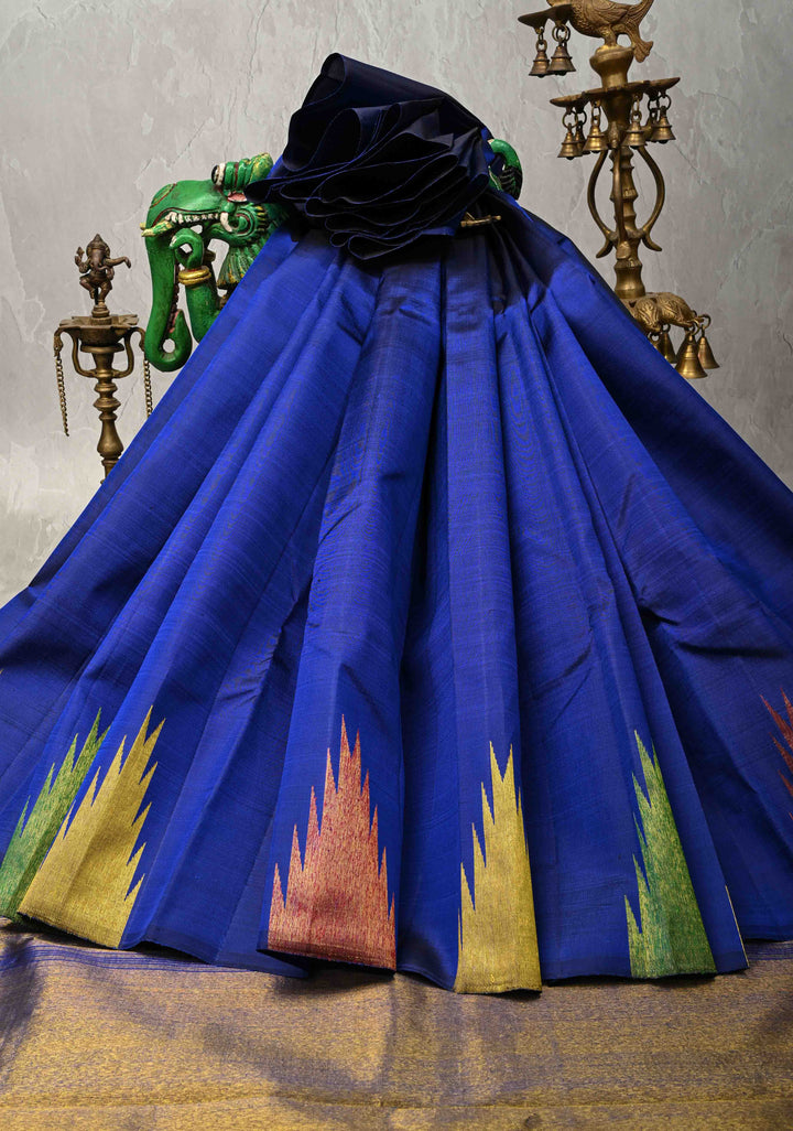 Authentic Kanjivaram Silk Saree in Sapphire Blue with Multi Color Temple Border with Grand Pallu | SILK MARK CERTIFIED