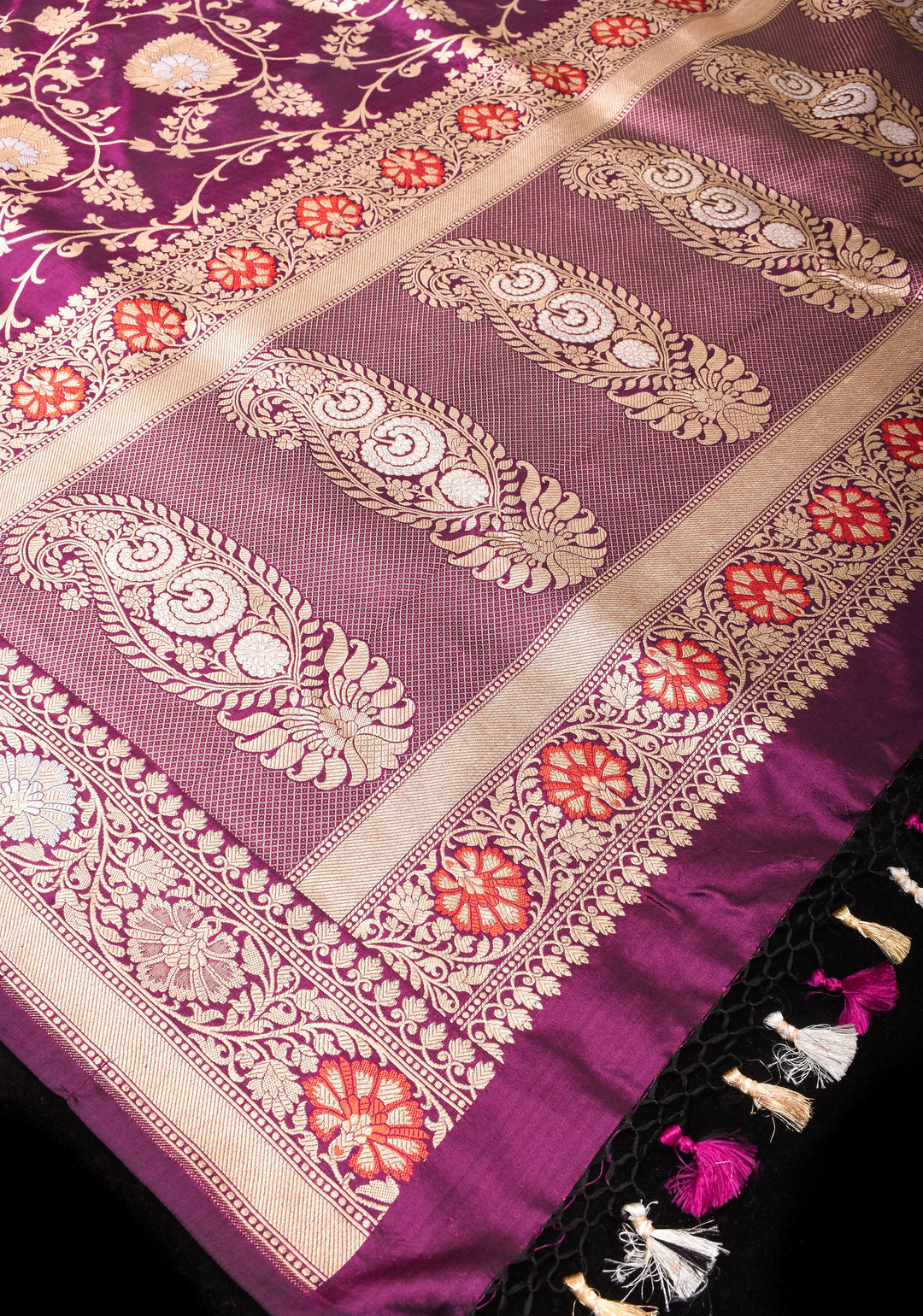 Purple Banarasi Katan Silk Saree with Meenakari and Alfi Floral Jaal Pattern | SILK MARK CERTIFIED