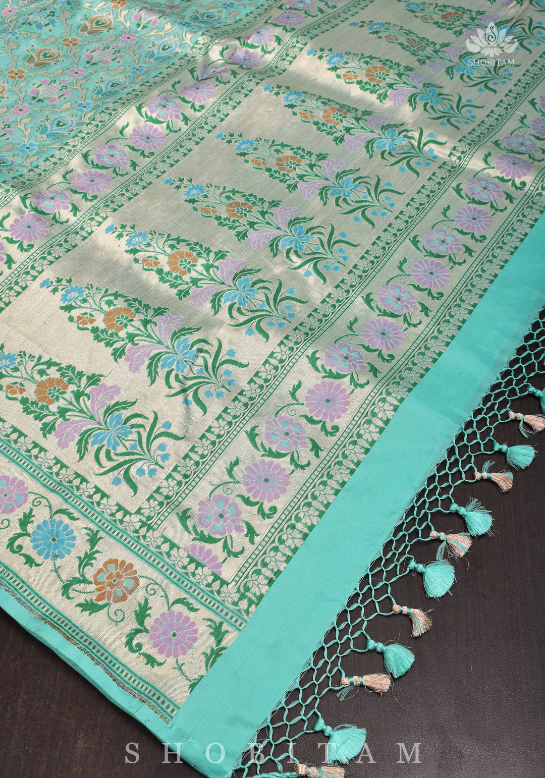 Aqua Green Banarasi Katan Silk Saree with Meenakari Patola Brocade Jaal and Zari Border | SILK MARK CERTIFIED