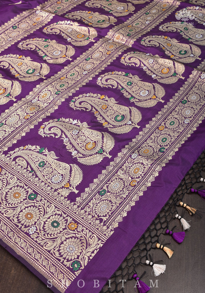 Double Meenakari Pallu, Jamuni Purple Pure Banarasi Katan Silk Handwoven saree |  SILK MARK CERTIFIED