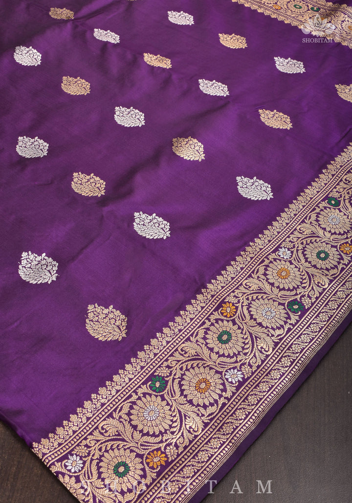 Double Meenakari Pallu, Jamuni Purple Pure Banarasi Katan Silk Handwoven saree |  SILK MARK CERTIFIED