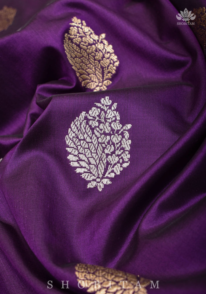 Double Meenakari Pallu, Jamuni Purple Pure Banarasi Katan Silk Handwoven saree |  SILK MARK CERTIFIED