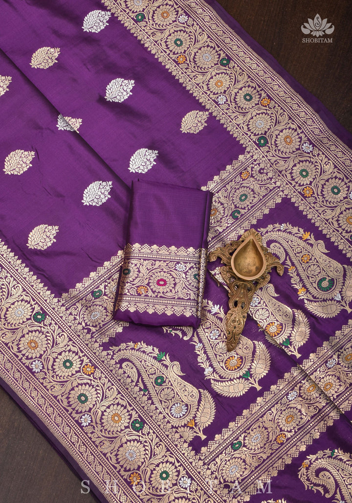Double Meenakari Pallu, Jamuni Purple Pure Banarasi Katan Silk Handwoven saree |  SILK MARK CERTIFIED