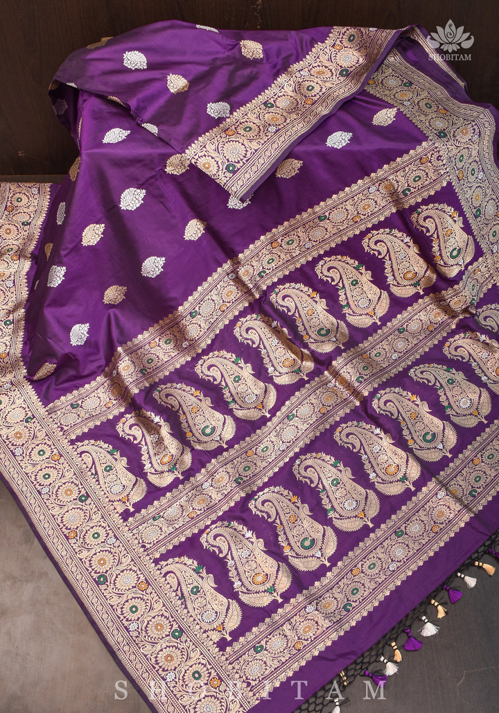 Double Meenakari Pallu, Jamuni Purple Pure Banarasi Katan Silk Handwoven saree |  SILK MARK CERTIFIED