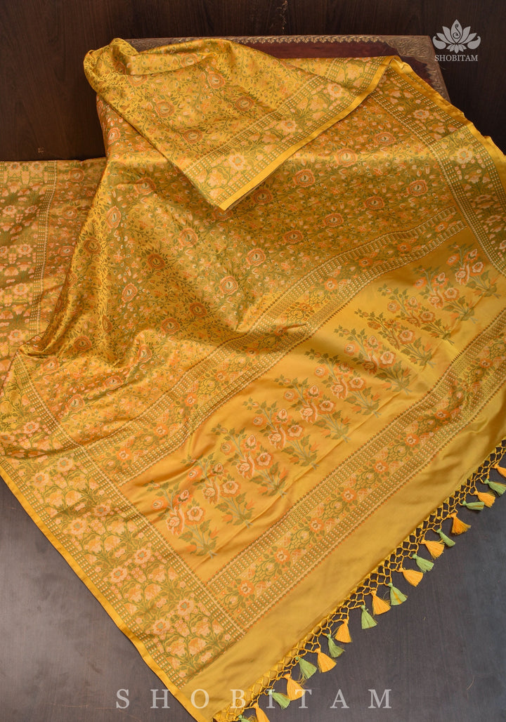 Exquisite Tanchoi Floral Banarasi Saree in Pure Silk Satin in Pale Mustard | SILK MARK CERTIFIED