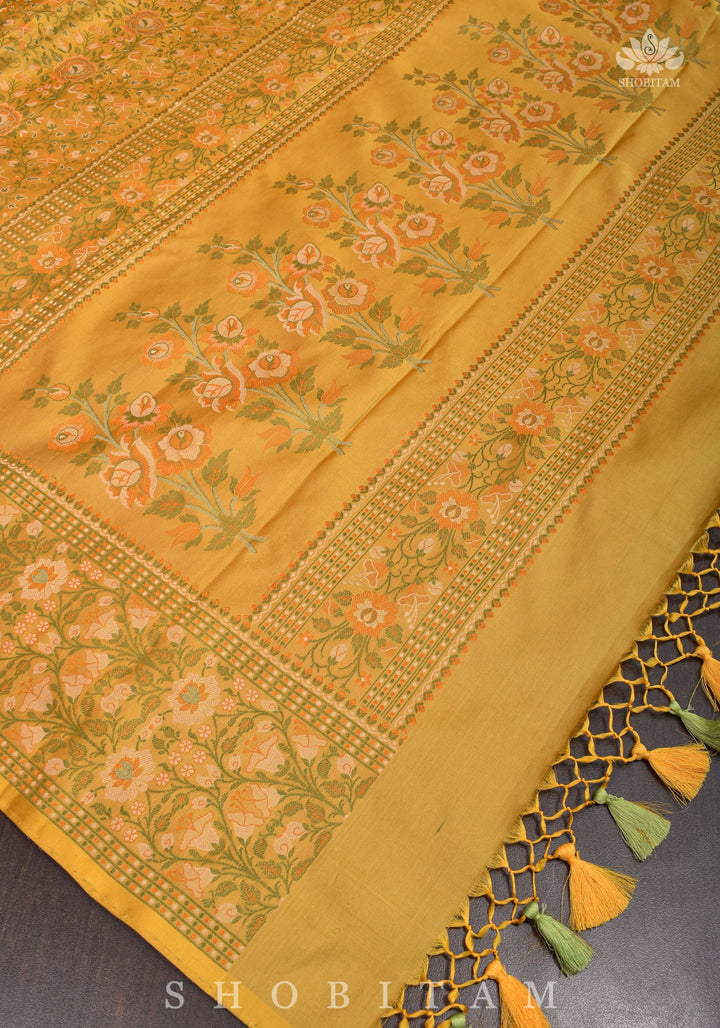 Exquisite Tanchoi Floral Banarasi Saree in Pure Silk Satin in Pale Mustard | SILK MARK CERTIFIED