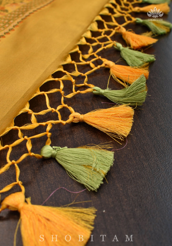 Exquisite Tanchoi Floral Banarasi Saree in Pure Silk Satin in Pale Mustard | SILK MARK CERTIFIED