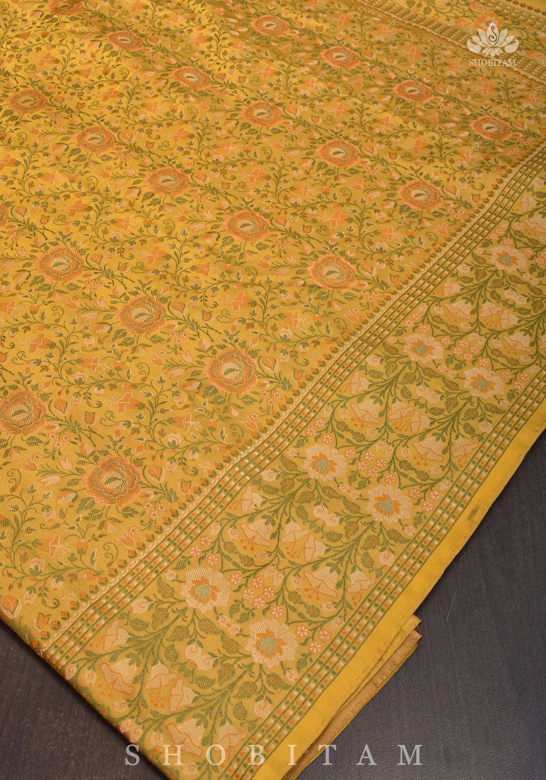 Exquisite Tanchoi Floral Banarasi Saree in Pure Silk Satin in Pale Mustard | SILK MARK CERTIFIED