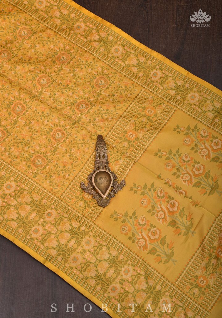 Exquisite Tanchoi Floral Banarasi Saree in Pure Silk Satin in Pale Mustard | SILK MARK CERTIFIED
