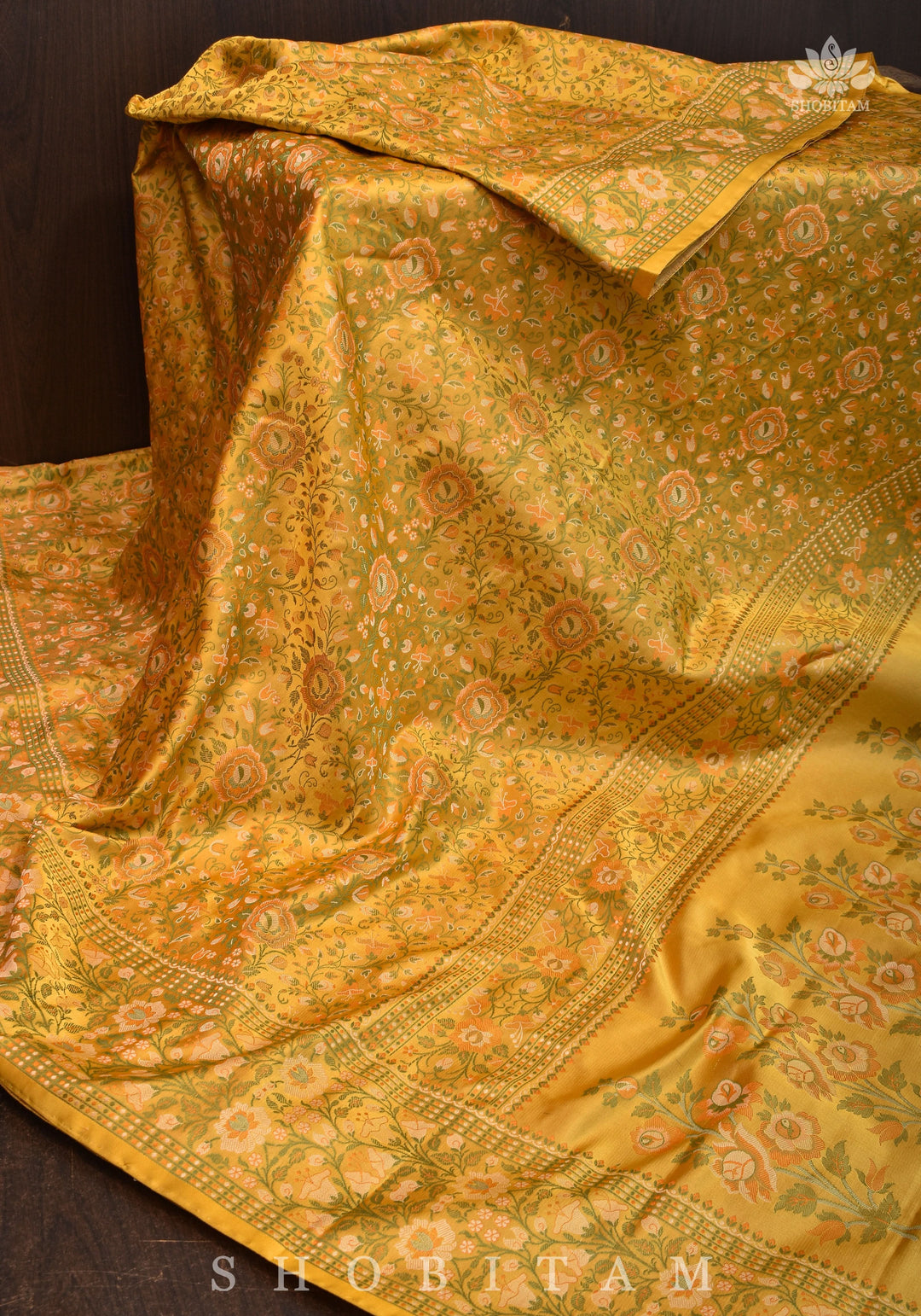 Exquisite Tanchoi Floral Banarasi Saree in Pure Silk Satin in Pale Mustard | SILK MARK CERTIFIED