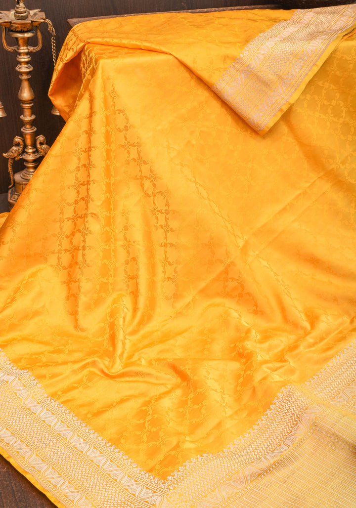 Authentic Tanchoi Floral  Saree in Pure Satin Silk in Yellow with Zari Border | SILK MARK CERTIFIED