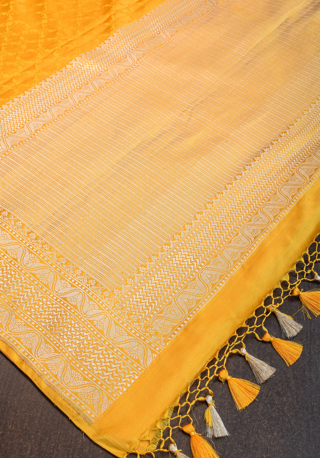 Authentic Tanchoi Floral  Saree in Pure Satin Silk in Yellow with Zari Border | SILK MARK CERTIFIED