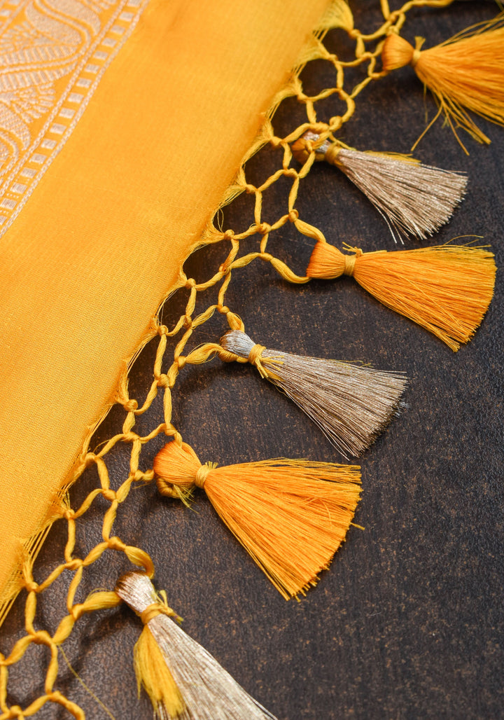 Authentic Tanchoi Floral  Saree in Pure Satin Silk in Yellow with Zari Border | SILK MARK CERTIFIED