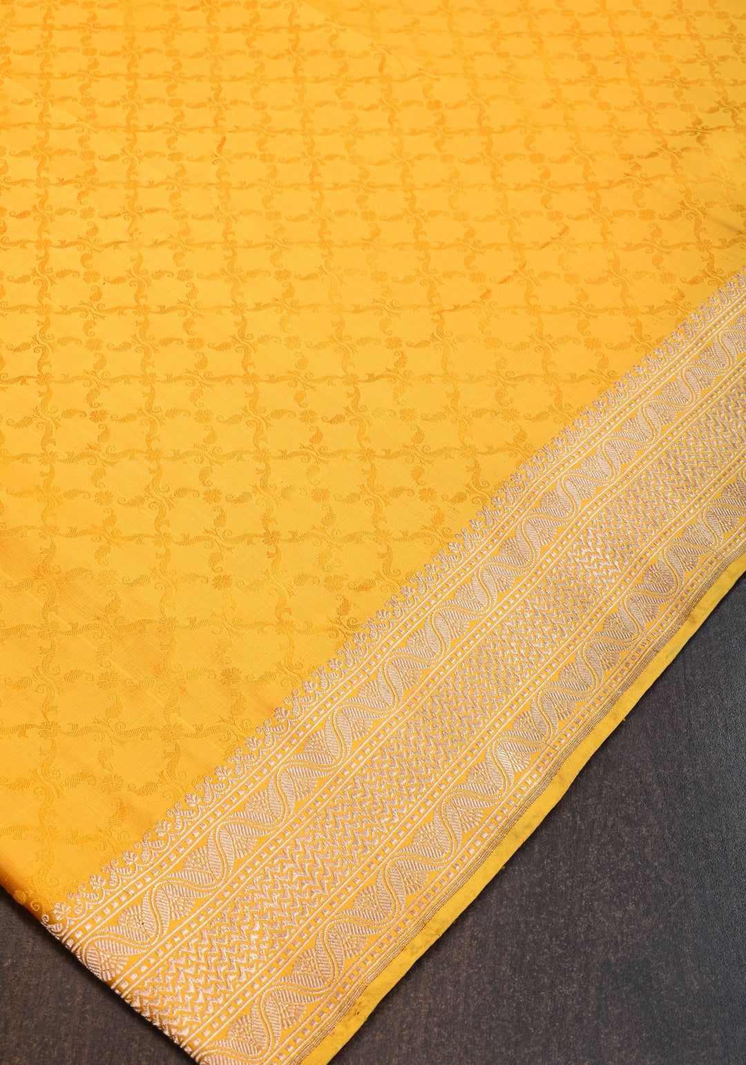 Authentic Tanchoi Floral  Saree in Pure Satin Silk in Yellow with Zari Border | SILK MARK CERTIFIED