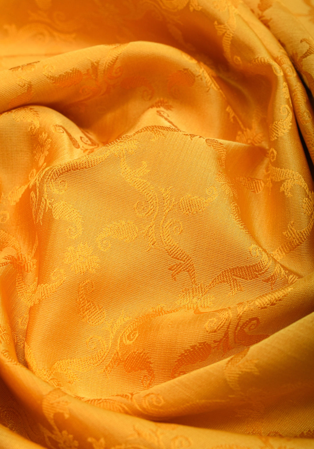 Authentic Tanchoi Floral  Saree in Pure Satin Silk in Yellow with Zari Border | SILK MARK CERTIFIED