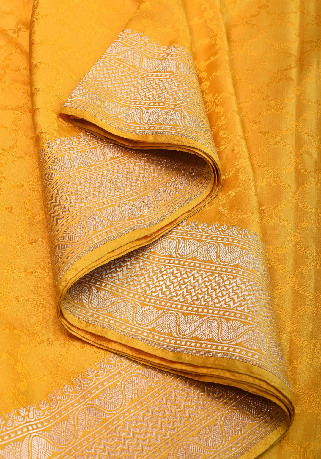 Authentic Tanchoi Floral  Saree in Pure Satin Silk in Yellow with Zari Border | SILK MARK CERTIFIED