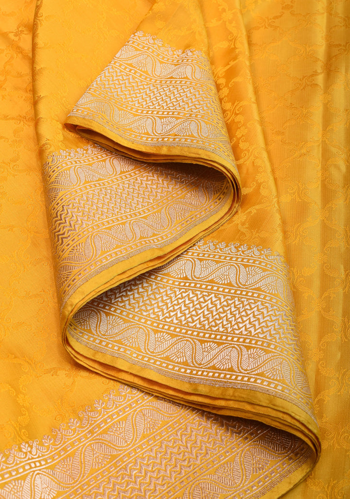 Authentic Tanchoi Floral  Saree in Pure Satin Silk in Yellow with Zari Border | SILK MARK CERTIFIED
