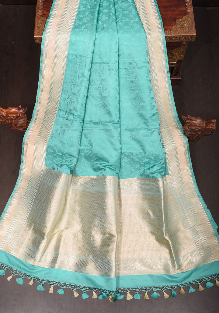 Stunning Tanchoi Floral Banarasi Saree in Pure Silk Satin in Aqua Blue with Zari Border |  SILK MARK CERTIFIED