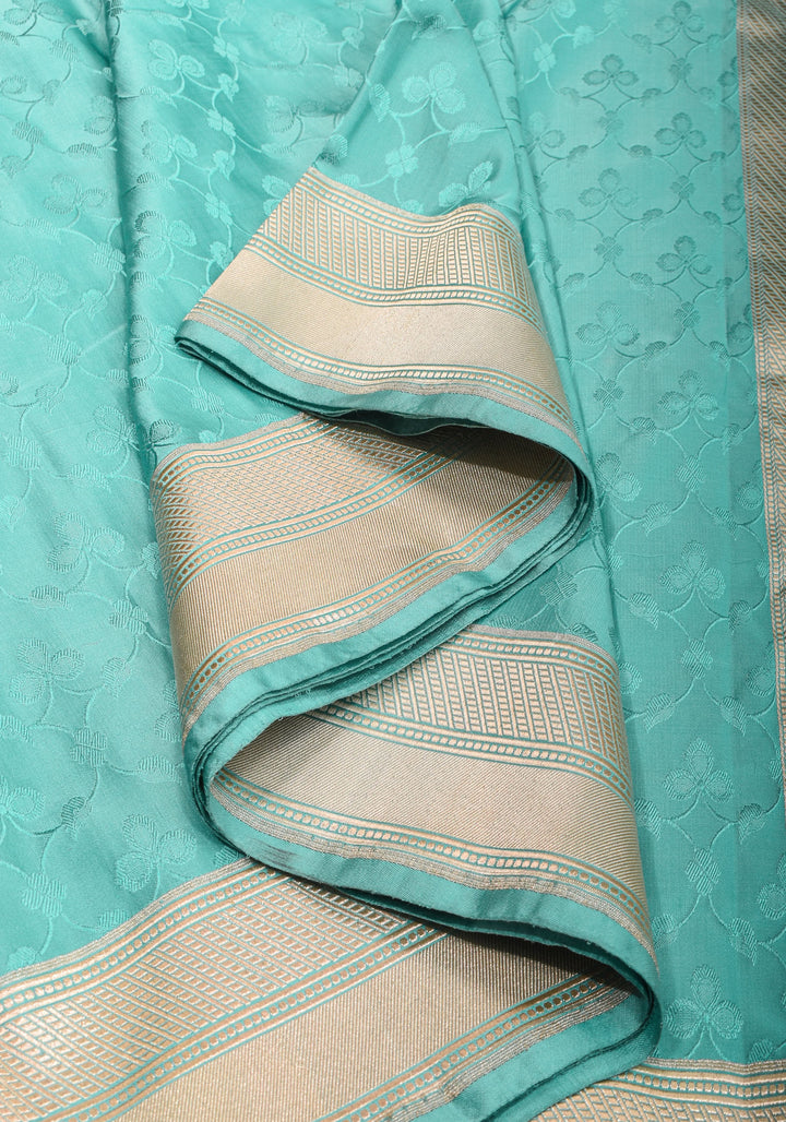 Stunning Tanchoi Floral Banarasi Saree in Pure Silk Satin in Aqua Blue with Zari Border |  SILK MARK CERTIFIED