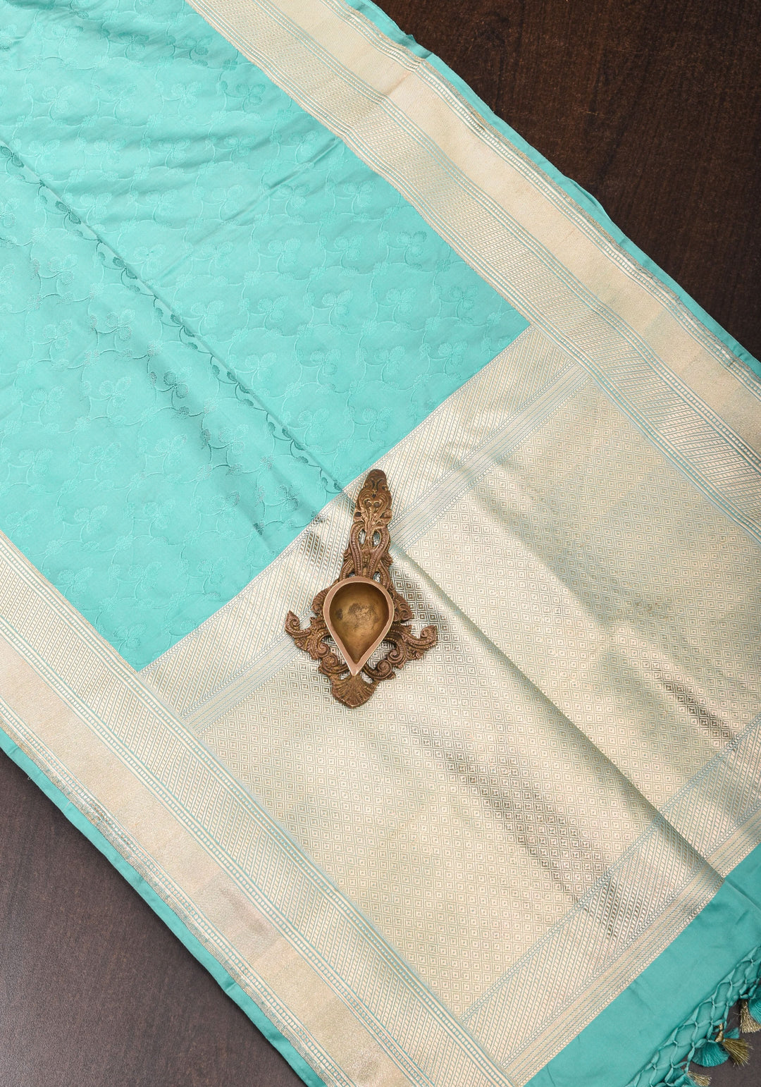Stunning Tanchoi Floral Banarasi Saree in Pure Silk Satin in Aqua Blue with Zari Border |  SILK MARK CERTIFIED