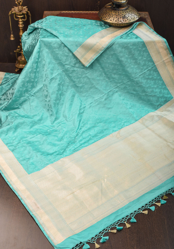 Stunning Tanchoi Floral Banarasi Saree in Pure Silk Satin in Aqua Blue with Zari Border |  SILK MARK CERTIFIED