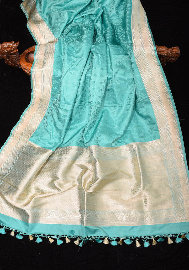 Stunning Tanchoi Floral Banarasi Saree in Pure Silk Satin in Aqua Blue with Zari Border |  SILK MARK CERTIFIED