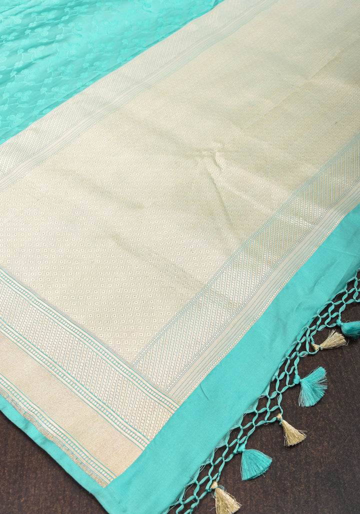 Stunning Tanchoi Floral Banarasi Saree in Pure Silk Satin in Aqua Blue with Zari Border |  SILK MARK CERTIFIED