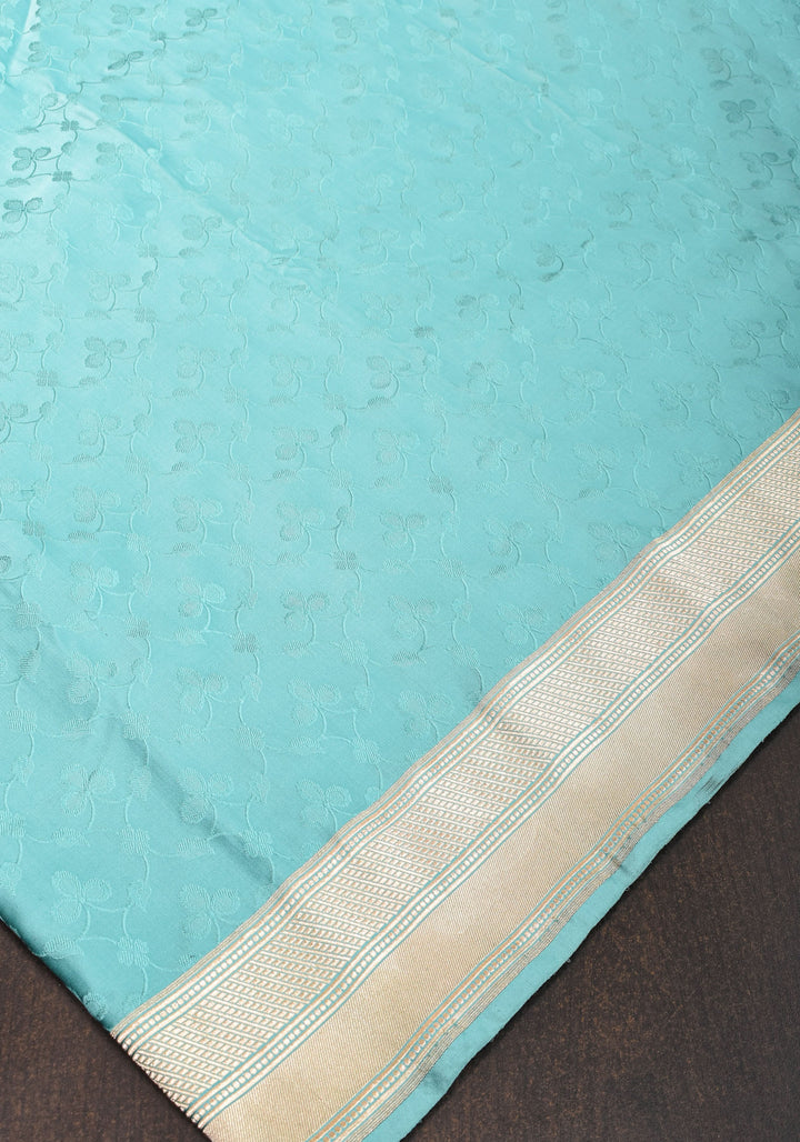 Stunning Tanchoi Floral Banarasi Saree in Pure Silk Satin in Aqua Blue with Zari Border |  SILK MARK CERTIFIED
