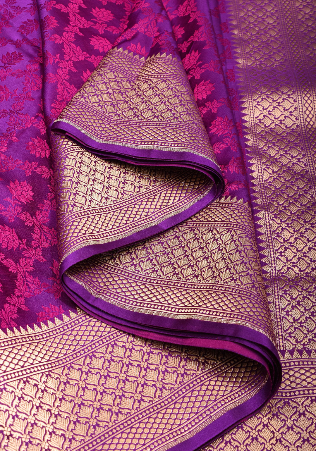 Purple Exquisite Tanchoi Floral Banarasi Saree in Pure Silk Satin with Zari detailing | SILK MARK CERTIFIED