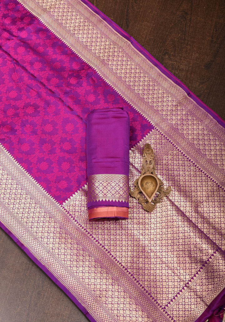 Purple Exquisite Tanchoi Floral Banarasi Saree in Pure Silk Satin with Zari detailing | SILK MARK CERTIFIED