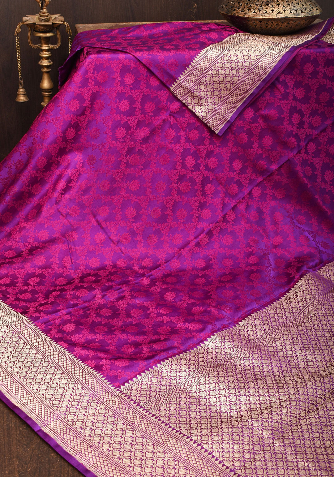 Purple Exquisite Tanchoi Floral Banarasi Saree in Pure Silk Satin with Zari detailing | SILK MARK CERTIFIED