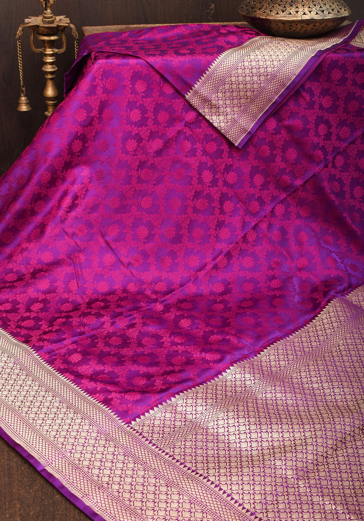 Purple Exquisite Tanchoi Floral Banarasi Saree in Pure Silk Satin with Zari detailing | SILK MARK CERTIFIED
