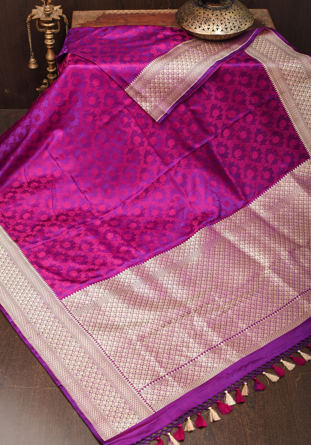 Purple Exquisite Tanchoi Floral Banarasi Saree in Pure Silk Satin with Zari detailing | SILK MARK CERTIFIED