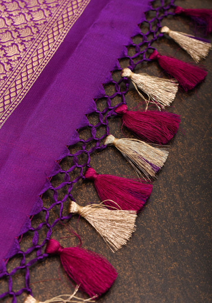 Purple Exquisite Tanchoi Floral Banarasi Saree in Pure Silk Satin with Zari detailing | SILK MARK CERTIFIED
