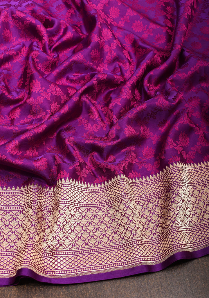 Purple Exquisite Tanchoi Floral Banarasi Saree in Pure Silk Satin with Zari detailing | SILK MARK CERTIFIED