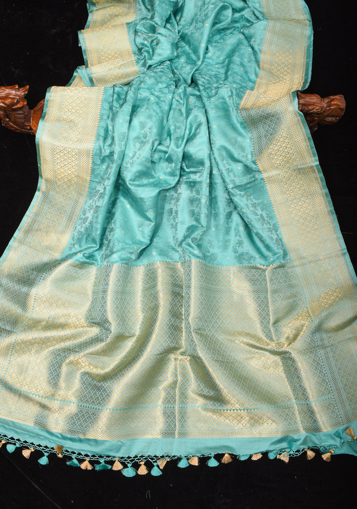 Aqua Blue Exquisite Tanchoi Banarasi Silk Saree in Pure Satin with Zari Meena I SILK MARK CERTIFIED