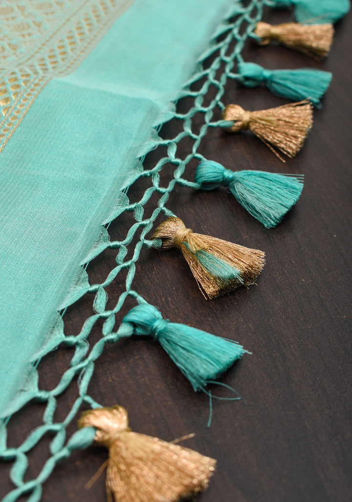 Aqua Blue Exquisite Tanchoi Banarasi Silk Saree in Pure Satin with Zari Meena I SILK MARK CERTIFIED
