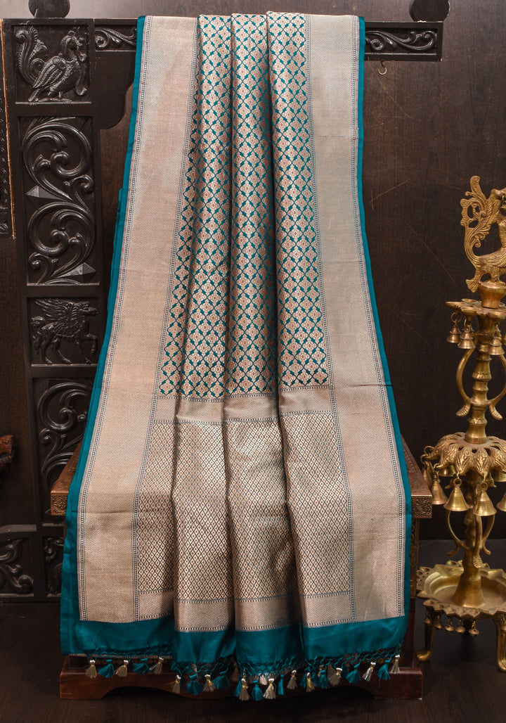 Exquisite Teal Banarasi Meenakari Golden Zari Geomentric Design Brocade Pure Katan Silk Saree | SILK MARK CERTIFIED