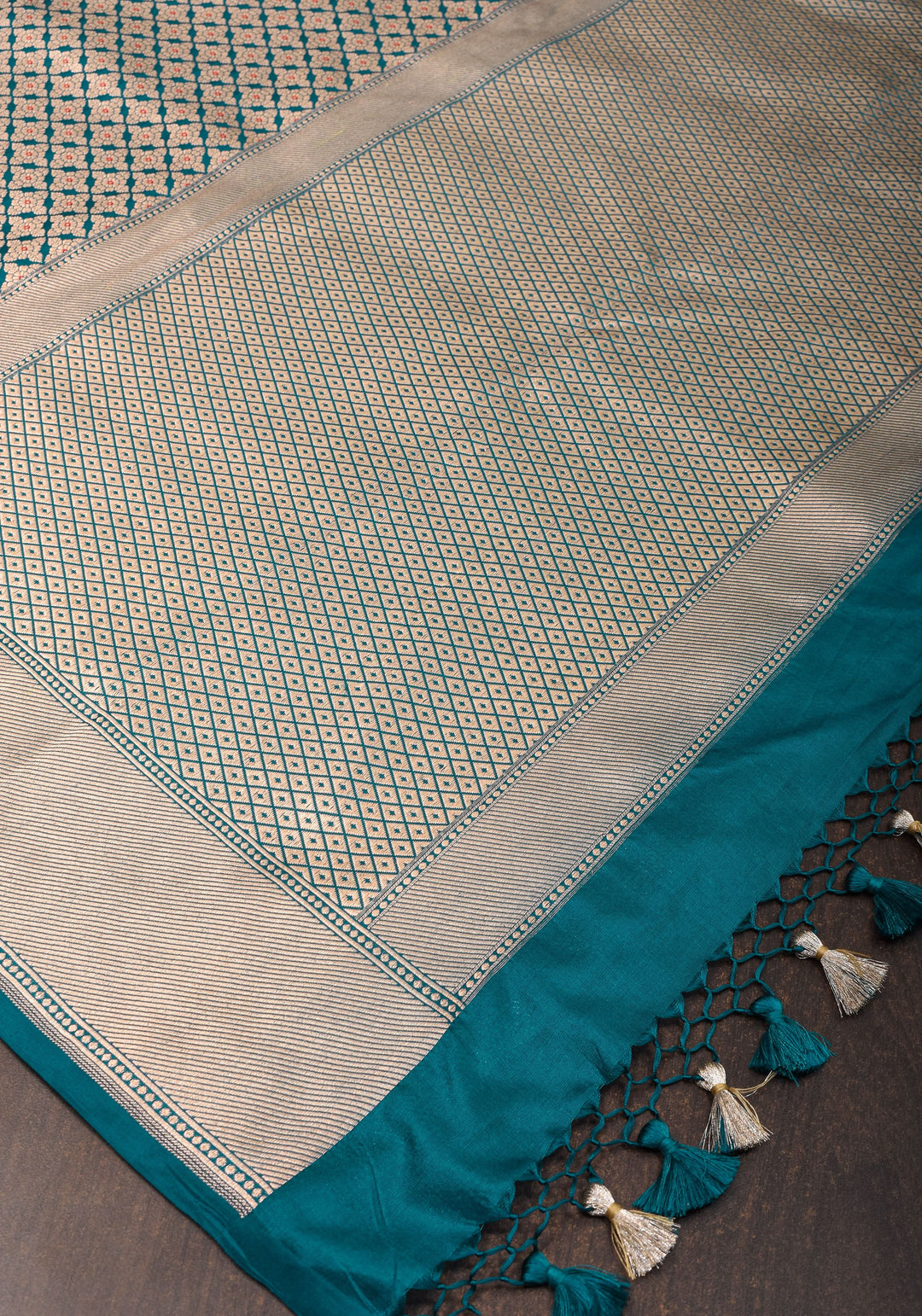 Exquisite Teal Banarasi Meenakari Golden Zari Geomentric Design Brocade Pure Katan Silk Saree | SILK MARK CERTIFIED