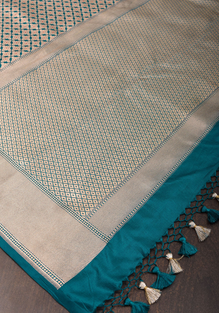 Exquisite Teal Banarasi Meenakari Golden Zari Geomentric Design Brocade Pure Katan Silk Saree | SILK MARK CERTIFIED