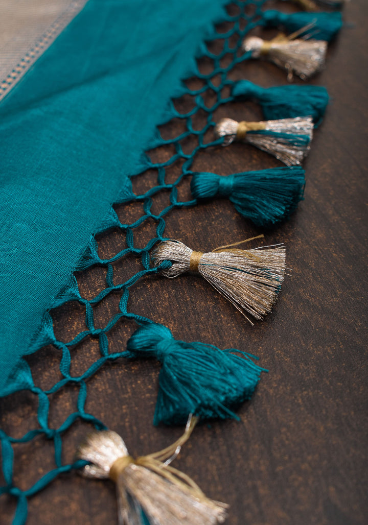 Exquisite Teal Banarasi Meenakari Golden Zari Geomentric Design Brocade Pure Katan Silk Saree | SILK MARK CERTIFIED