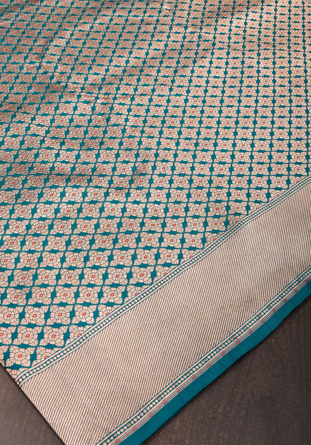 Exquisite Teal Banarasi Meenakari Golden Zari Geomentric Design Brocade Pure Katan Silk Saree | SILK MARK CERTIFIED