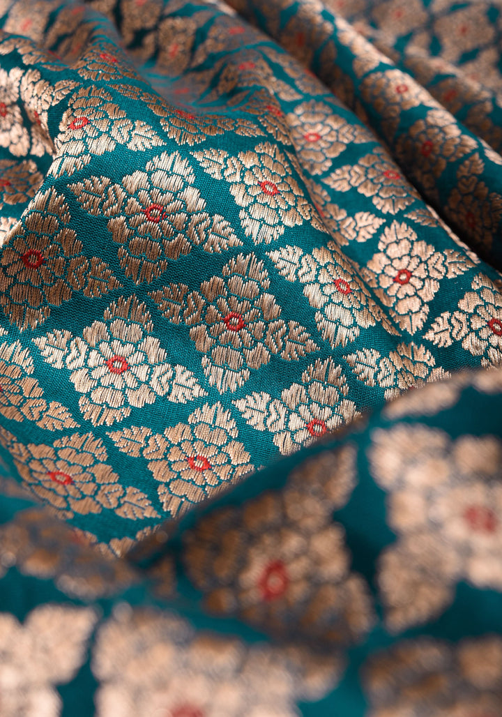 Exquisite Teal Banarasi Meenakari Golden Zari Geomentric Design Brocade Pure Katan Silk Saree | SILK MARK CERTIFIED
