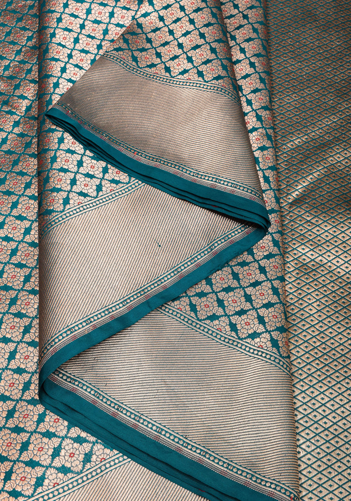 Exquisite Teal Banarasi Meenakari Golden Zari Geomentric Design Brocade Pure Katan Silk Saree | SILK MARK CERTIFIED